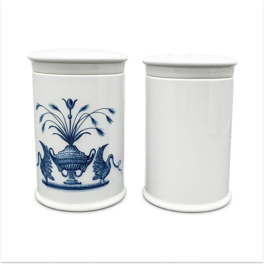 Pair Vintage Porcelaine de Paris Cups Décor Lamballe Blue White France Swan Urn